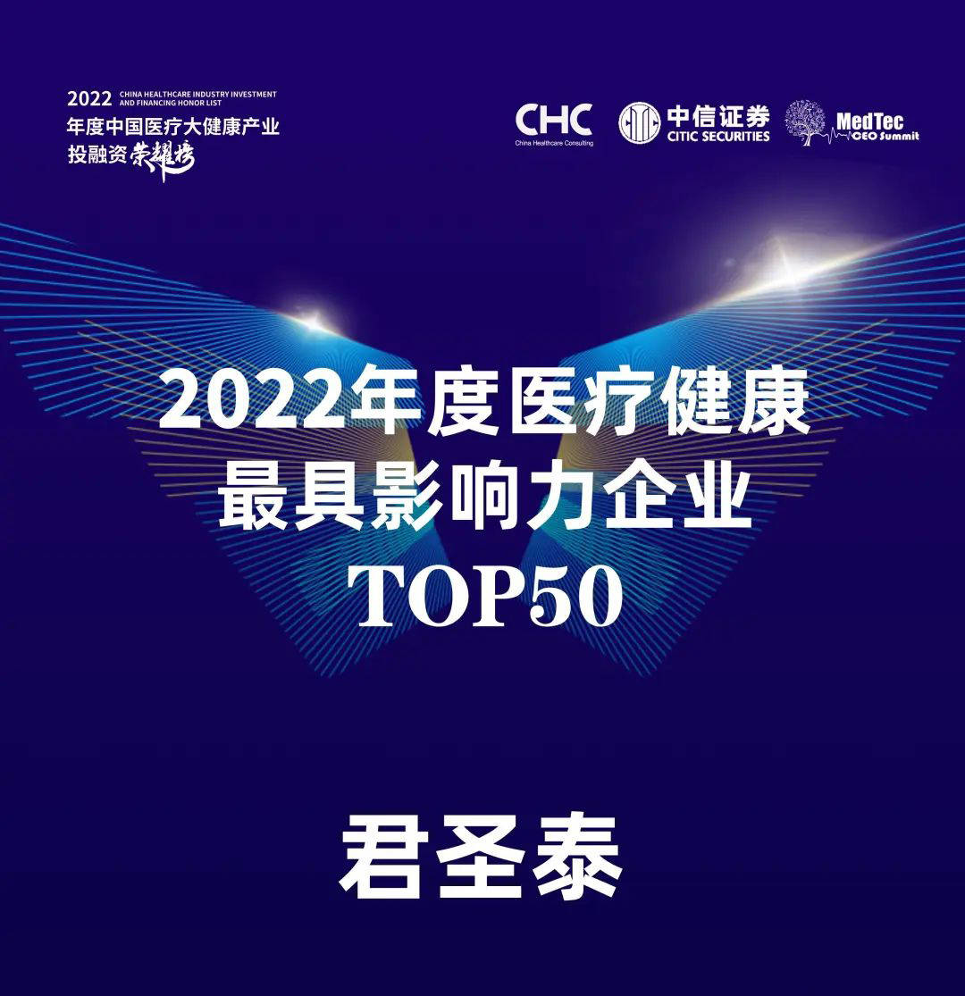 君圣泰医药荣获「2022年度医疗健康最具影响力企业榜」